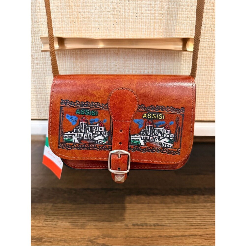 NWT Vintage Brown Italian Leather Crossbody Bag with Hand-Painted Assisi Motif